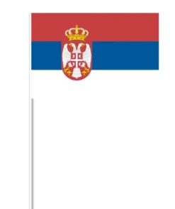 Serbisk Papirflag m/Våbenskjold på Pind, 27 x 20 cm