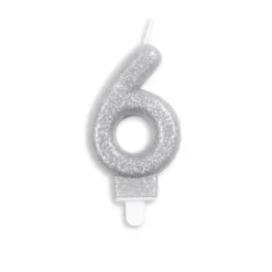 Sølv Talformet Kagelys m/Glitter 7 cm - 6 Tal