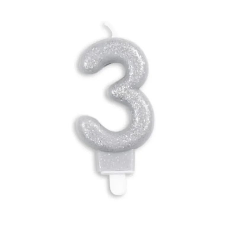 Sølv Talformet Kagelys m/Glitter 7 cm - 3 Tal