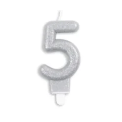 Sølv Talformet Kagelys m/Glitter 7 cm - 5 Tal