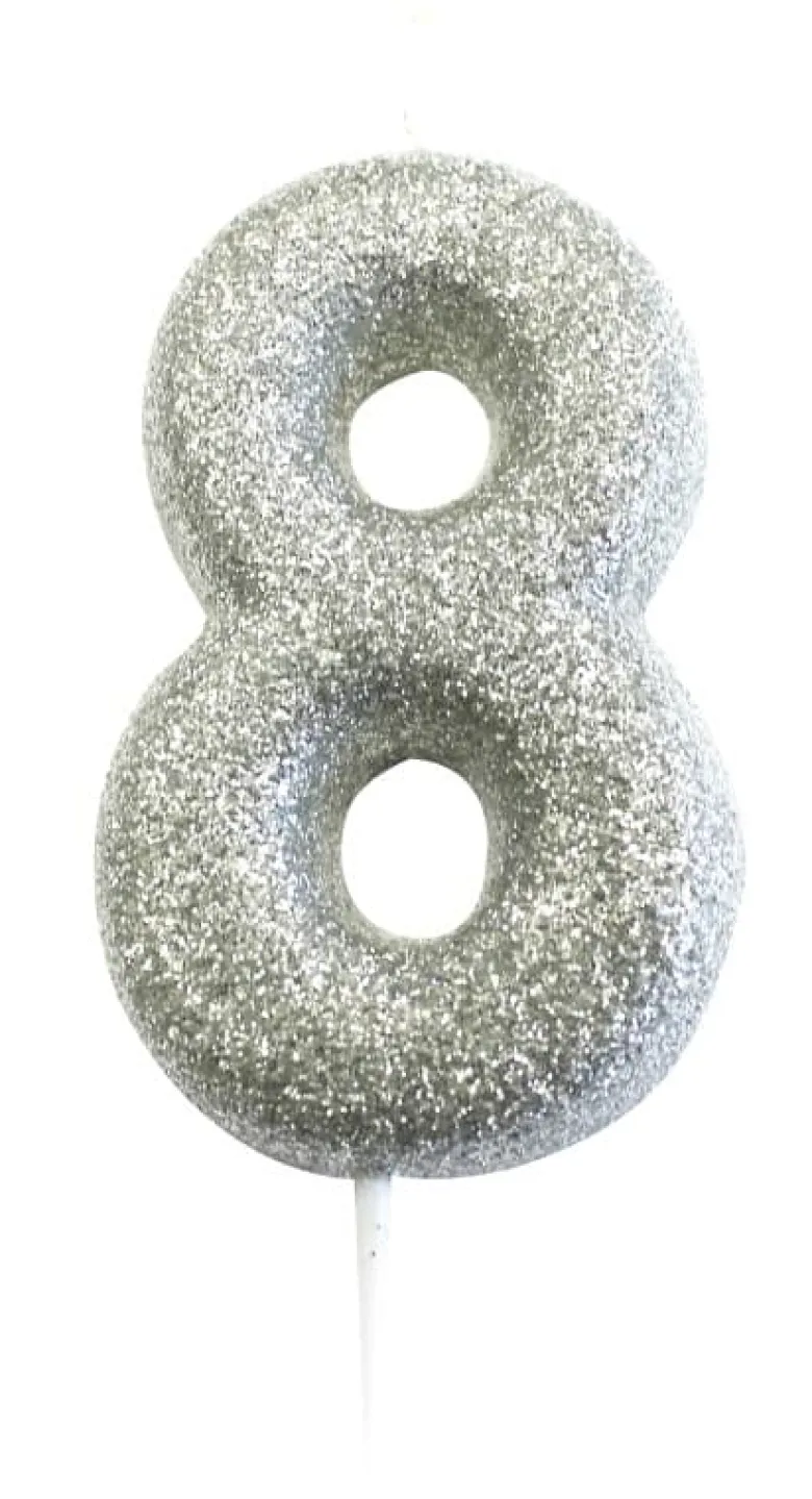 Sølv Tal Kagelys m/Glitter 6.5 cm - 8 Tal