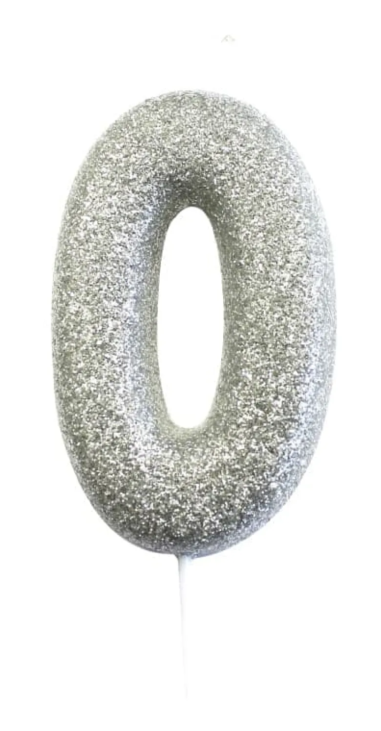 Sølv Tal Kagelys m/Glitter 6.5 cm - 0 Tal