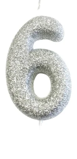 Sølv Tal Kagelys m/Glitter 6.5 cm - 6 Tal