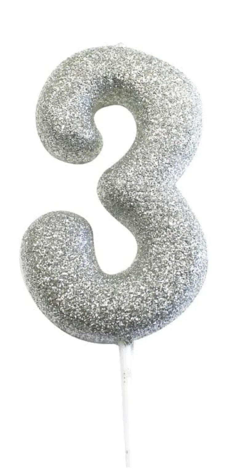 Sølv Tal Kagelys m/Glitter 6.5 cm - 3 Tal