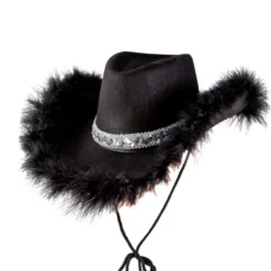 Sort Cowboy hat m/Fjer & Sølv Pailletbånd