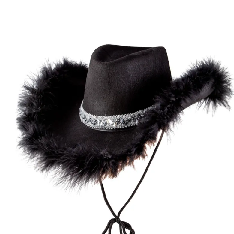 Sort Cowboy hat m/Fjer & Sølv Pailletbånd