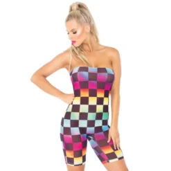 Stropløs Checkerboard Romper Dragt i Mesh