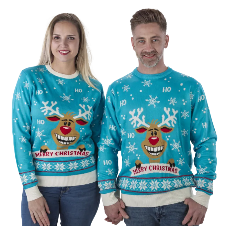 Turkis "Ho Ho Ho!" Julesweater m/Rensdyr Print