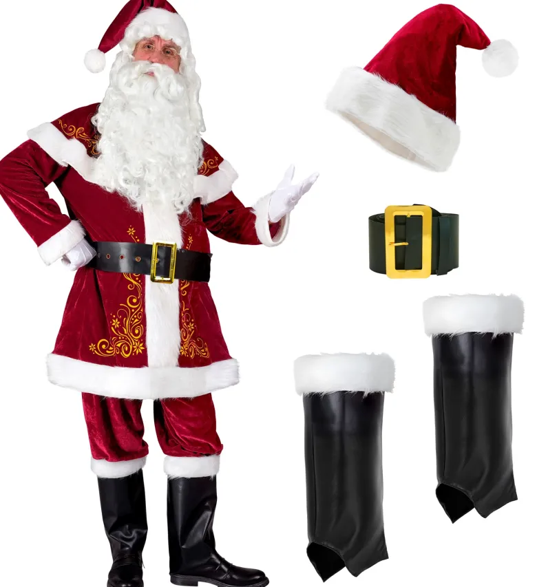 Vinrødt Julemandskostume med Broderinger